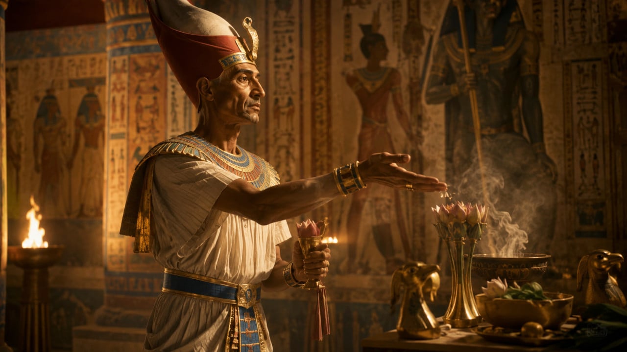 Muž Ramses III. v egyptském oděvu a koruně provádí obřad v malované hrobce.