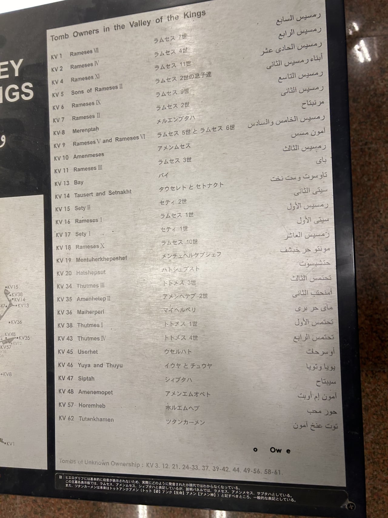 Informační tabule hrobek v Údolí králů s názvy faraonů v angličtině, japonštině a arabštině