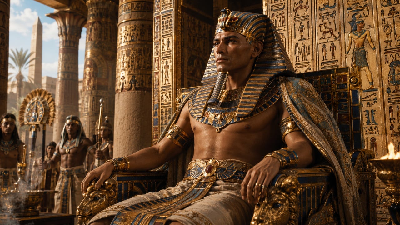Tutanchamon sedící na zlatém trůnu v egyptském chrámu s hieroglyfy