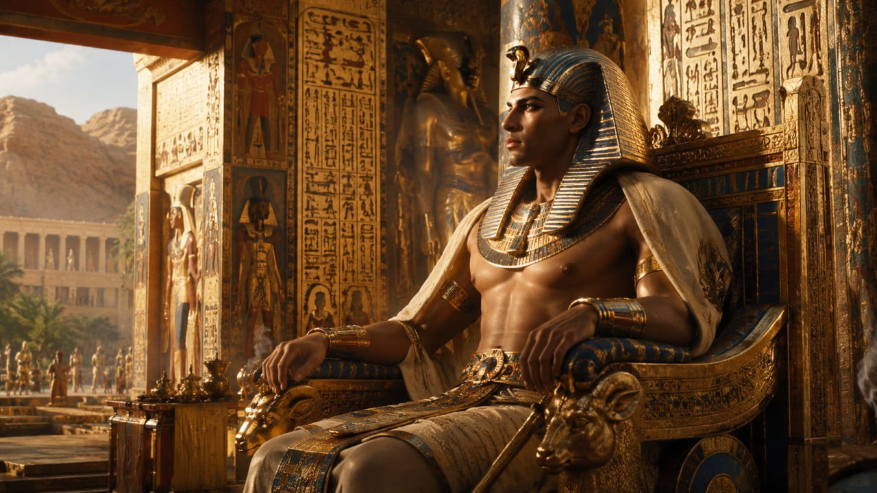 Tutanchamon sedí na zlatém trůnu v egyptské hrobce zdobené hieroglyfy.