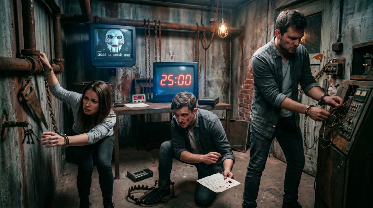 Temná místnost únikové hry Saw s hráči, monitorem Jigsaw a časovačem 25:00