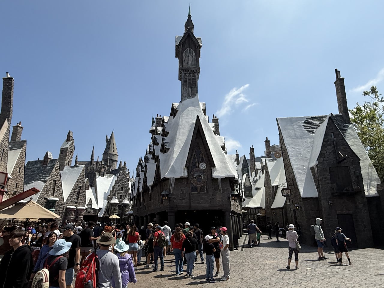 Zasněžené kouzelnické ulice s věží a davy návštěvníků v Universal Studios Hollywood