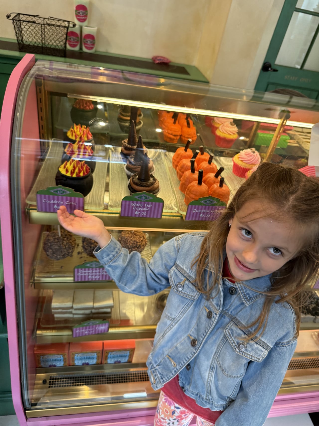 Dívka ukazuje na vitrínu s tematickými cupcakes v Universal Studios Hollywood.