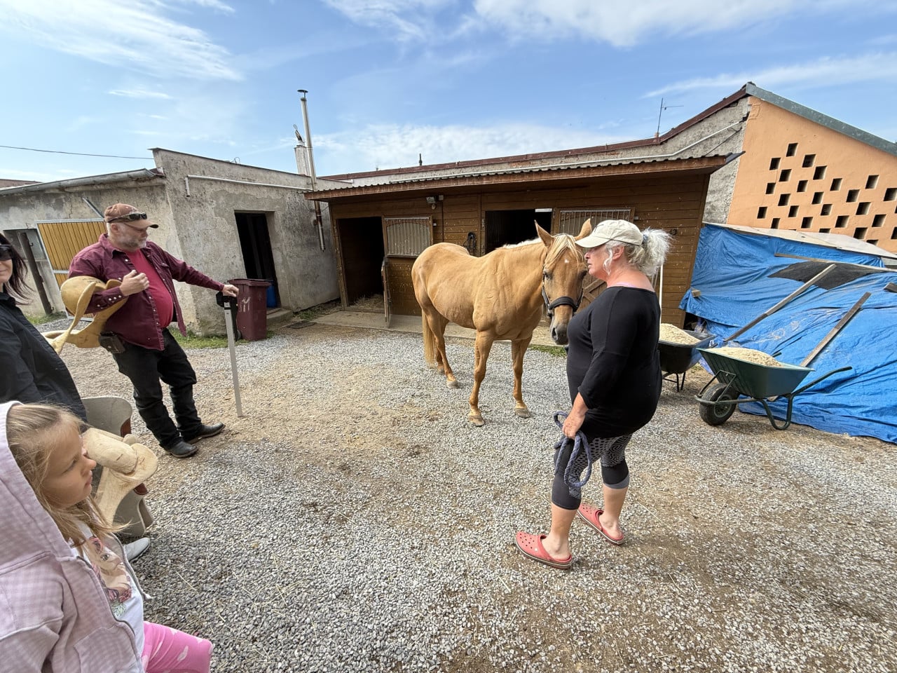 Sedlář s westernovým sedlem ukazuje na dvoře u stáje, vedle stojí kůň.