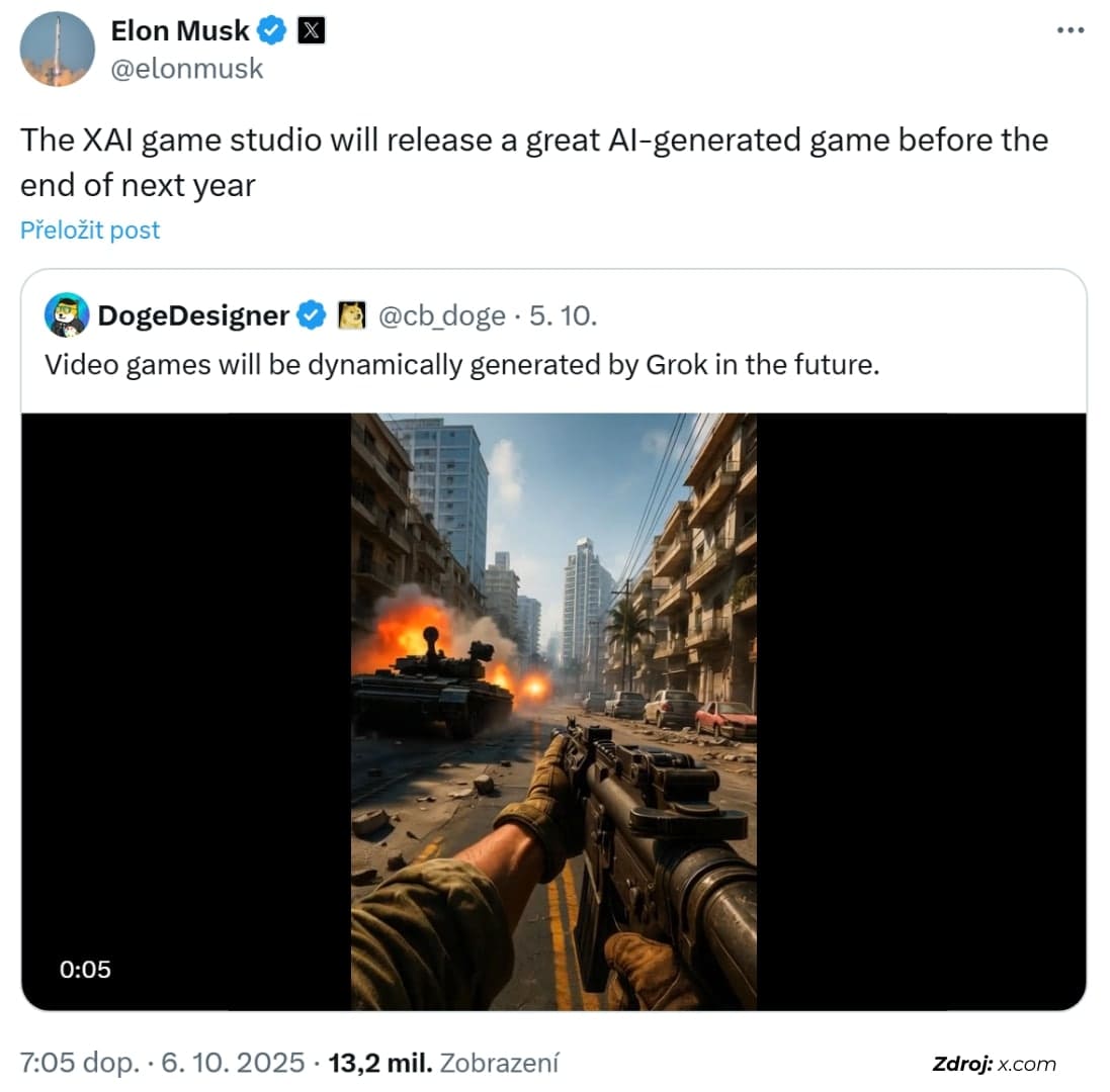 Elon Musk vstupuje do světa videoher. První chce uvést na konci roku 2026